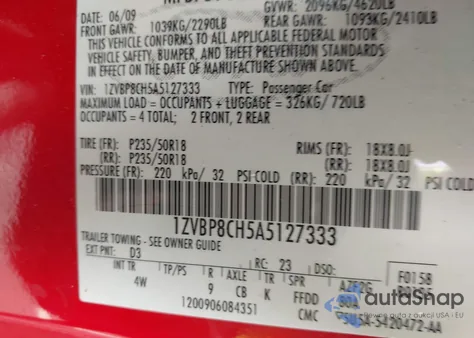 2010 Ford Mustang Gt/Gt Premium from USA, damaged, VIN 1ZVBP8CH5A5127333